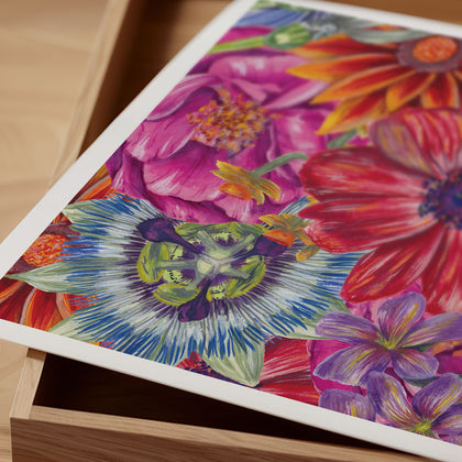 Colorful floral painting on a wooden surface