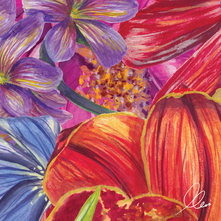 Close up of colorful floral painting with focus on vibrant red, purple, and blue flowers.