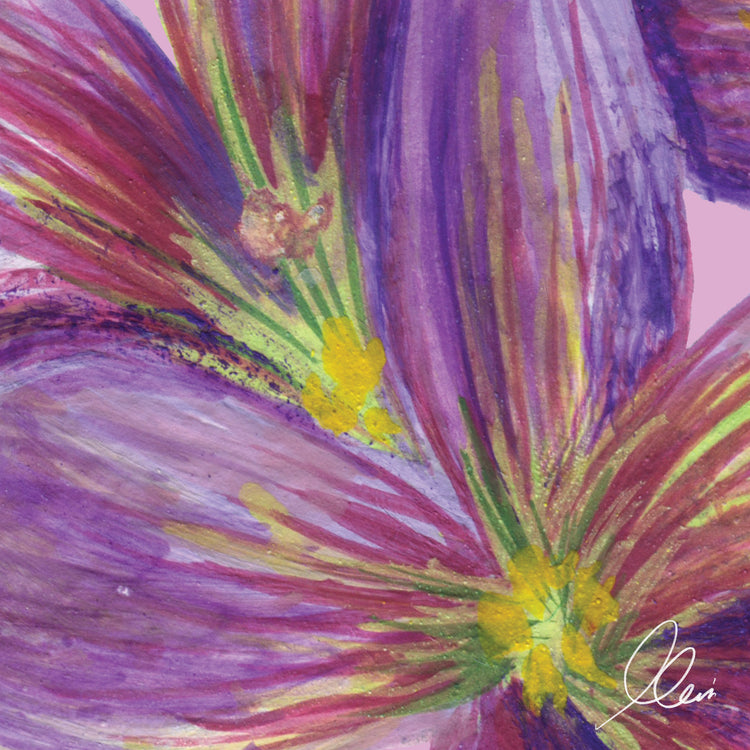 Close up of flower painting with purple, green, and yellow hues.