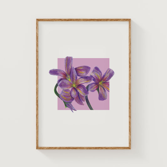 Framed artwork of purple flowers on a pink square background