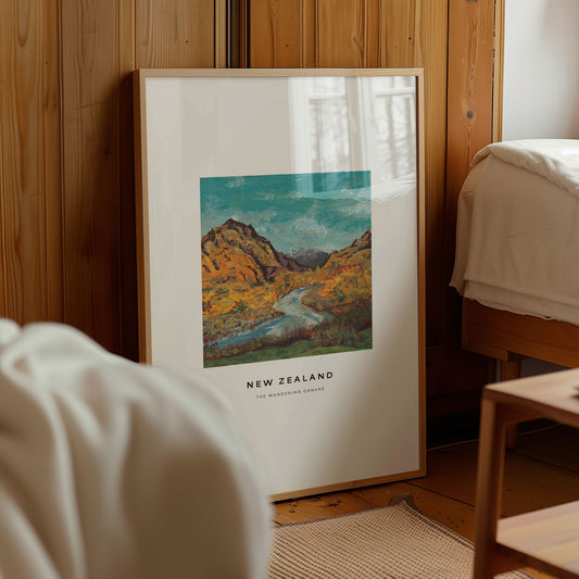 New Zealand Minimal Travel Wall Art Print With Quote | Gouache Landscape Painting