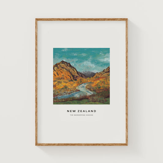 New Zealand Minimal Travel Wall Art Print With Quote | Gouache Landscape Painting