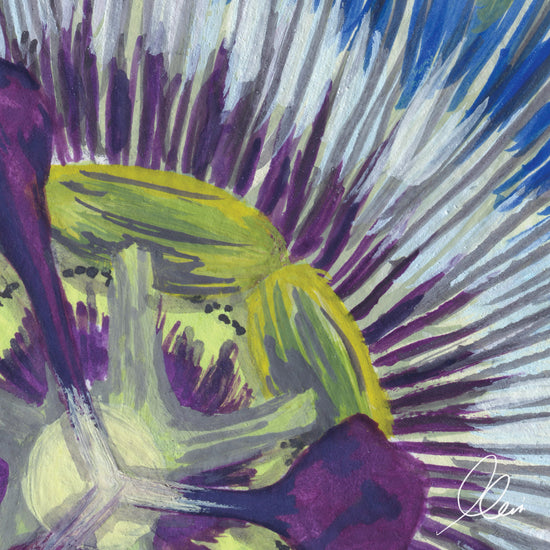 Close up colorful abstract painting of passionfruit flower with green and purple hues