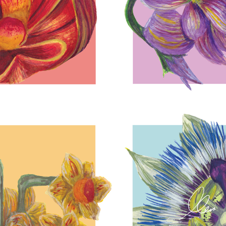 Four colorful floral paintings on a white background