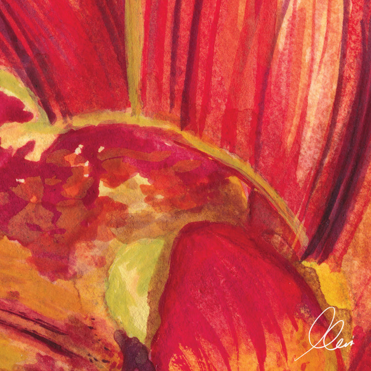 Close-up of a vibrant, abstract orchid painting with red, orange, and yellow hues.