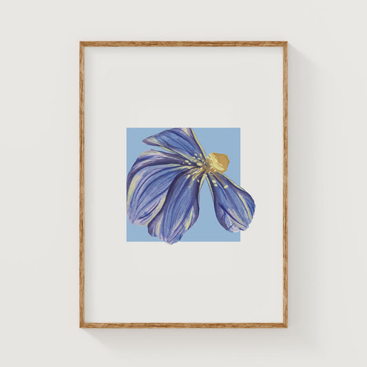 Framed artwork of a blue dune flower on a white wall