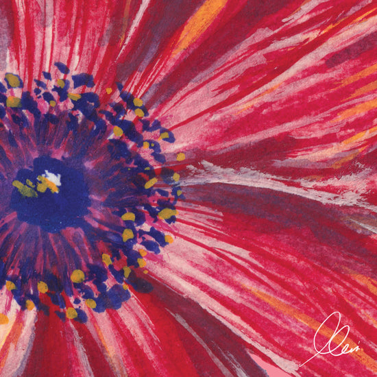 Detailed close-up painting of a flower with vibrant red, purple, and blue colors
