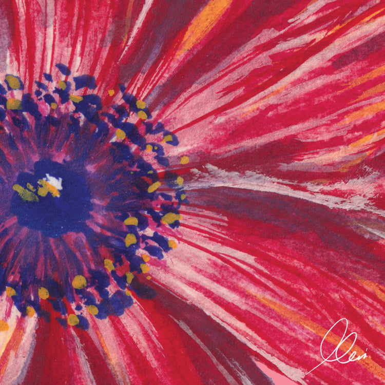 Detailed close-up painting of a flower with vibrant red, purple, and blue colors