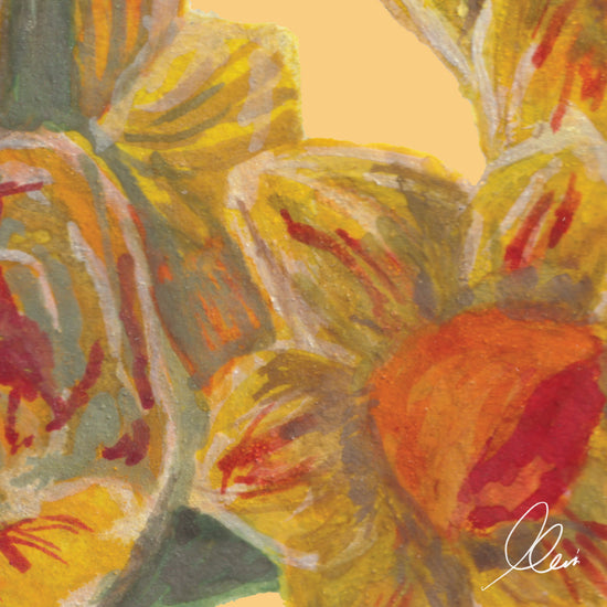 Close-up of a textured painting of a yellow and orange flower with green stems